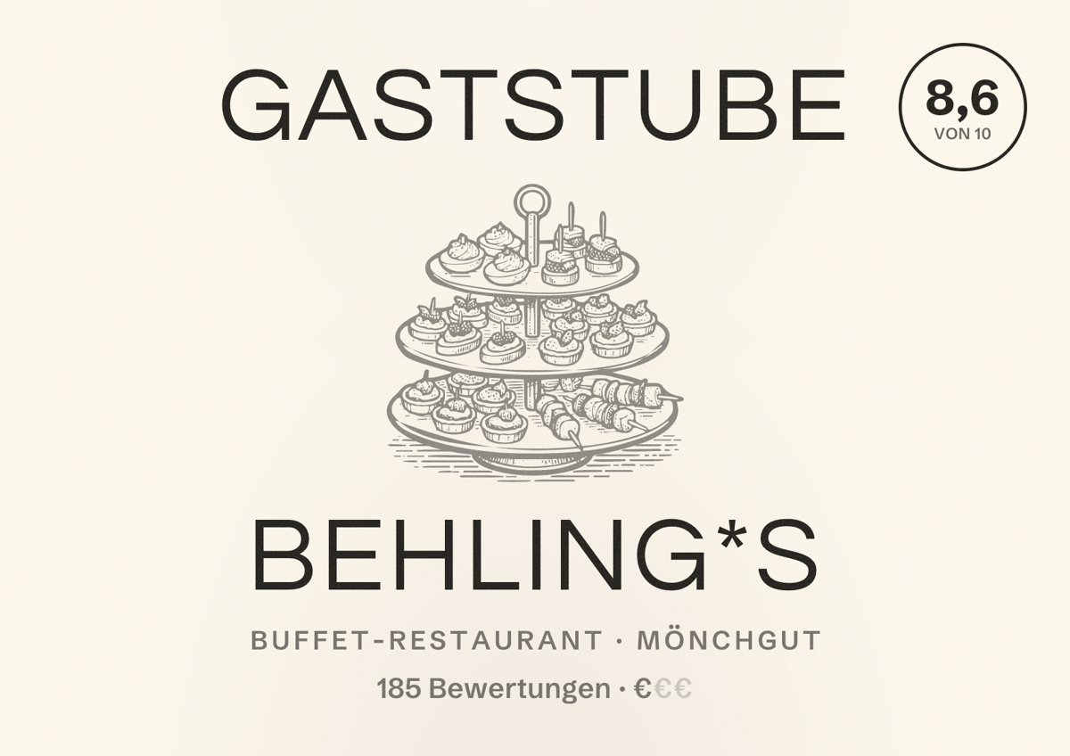 Illustriertes Poster von Gaststube Behling*s, Buffet-Restaurant in Mönchgut: Bewertung 8,6 von 10 aus 185 Bewertungen, Preisniveau €
