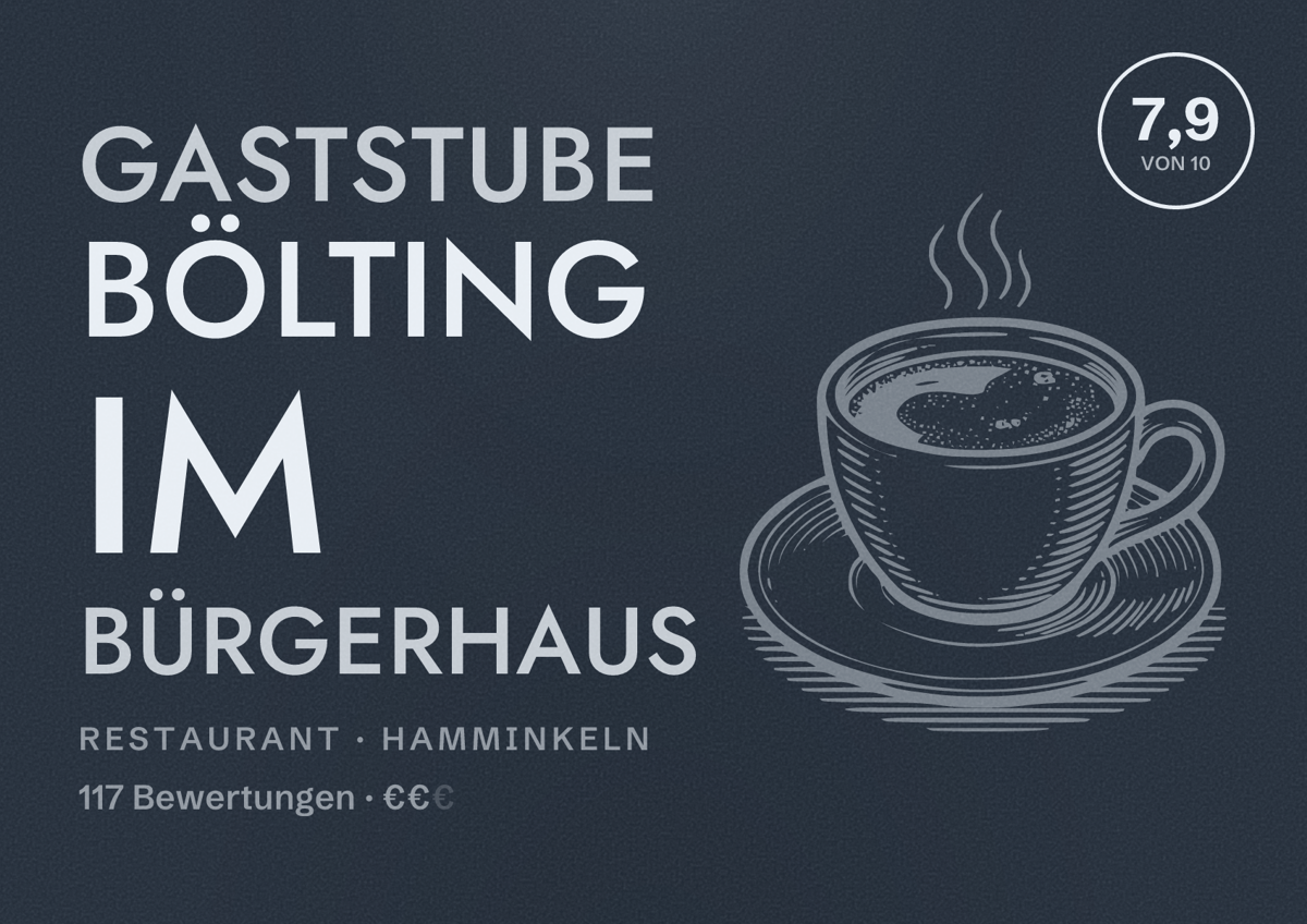 Illustriertes Poster von Gaststube Bölting im Bürgerhaus, Restaurant in Hamminkeln: Bewertung 7,9 von 10 aus 117 Bewertungen, Preisniveau €€