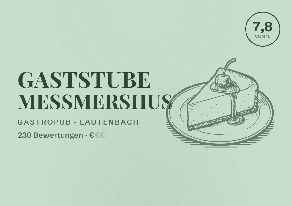 Illustriertes Poster von Gaststube Meßmershus, Gastropub in Lautenbach: Bewertung 7,8 von 10 aus 230 Bewertungen, Preisniveau €