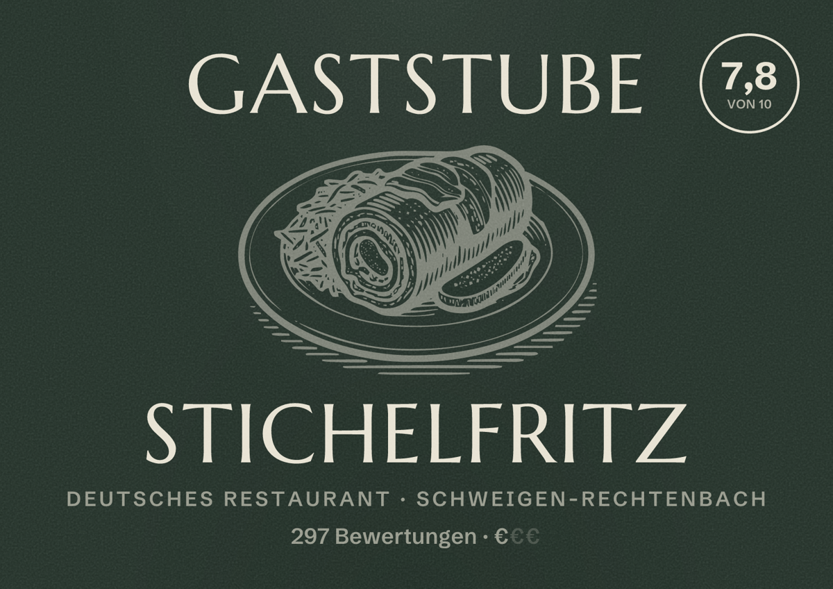 Illustriertes Poster von Gaststube Stichelfritz, Deutsches Restaurant in Schweigen-Rechtenbach: Bewertung 7,8 von 10 aus 297 Bewertungen, Preisniveau €