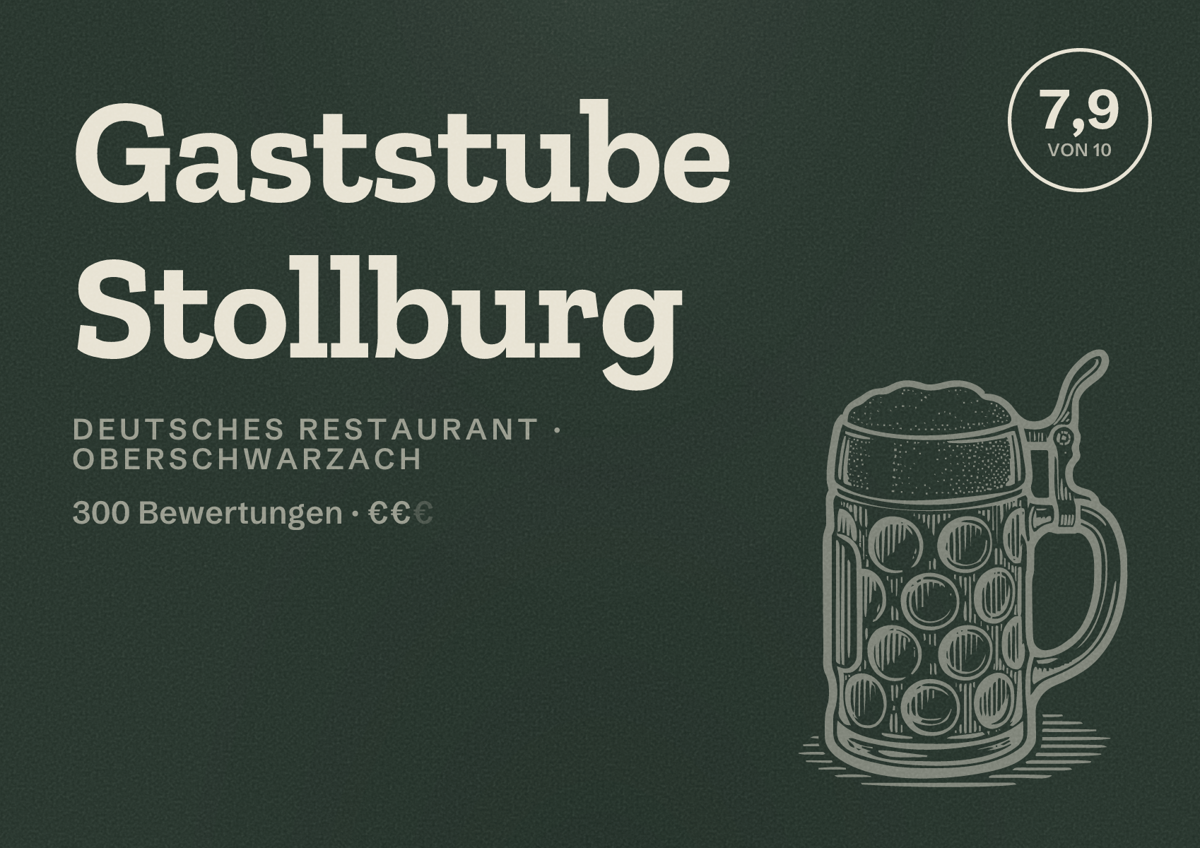 Illustriertes Poster von Gaststube Stollburg, Deutsches Restaurant in Oberschwarzach: Bewertung 7,9 von 10 aus 300 Bewertungen, Preisniveau €€