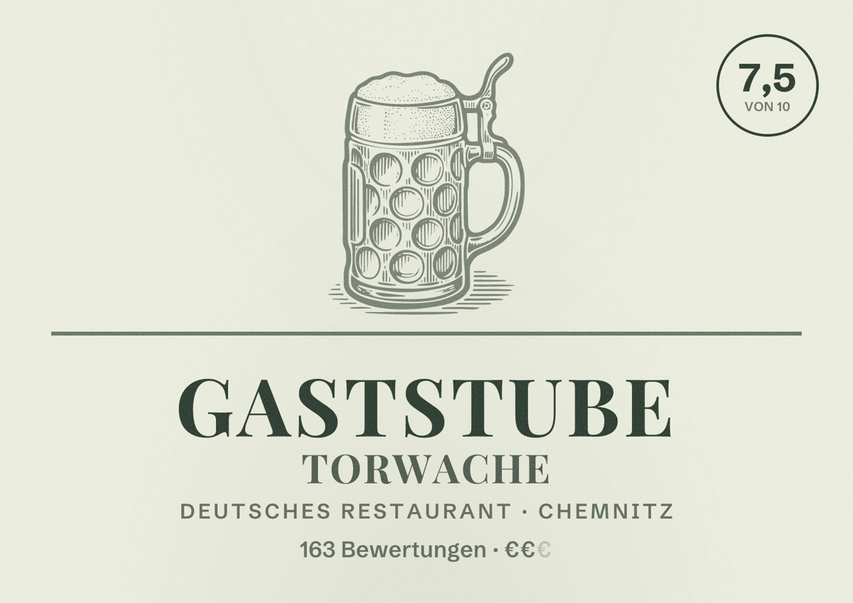Illustriertes Poster von Gaststube Torwache, Deutsches Restaurant in Chemnitz: Bewertung 7,5 von 10 aus 163 Bewertungen, Preisniveau €€