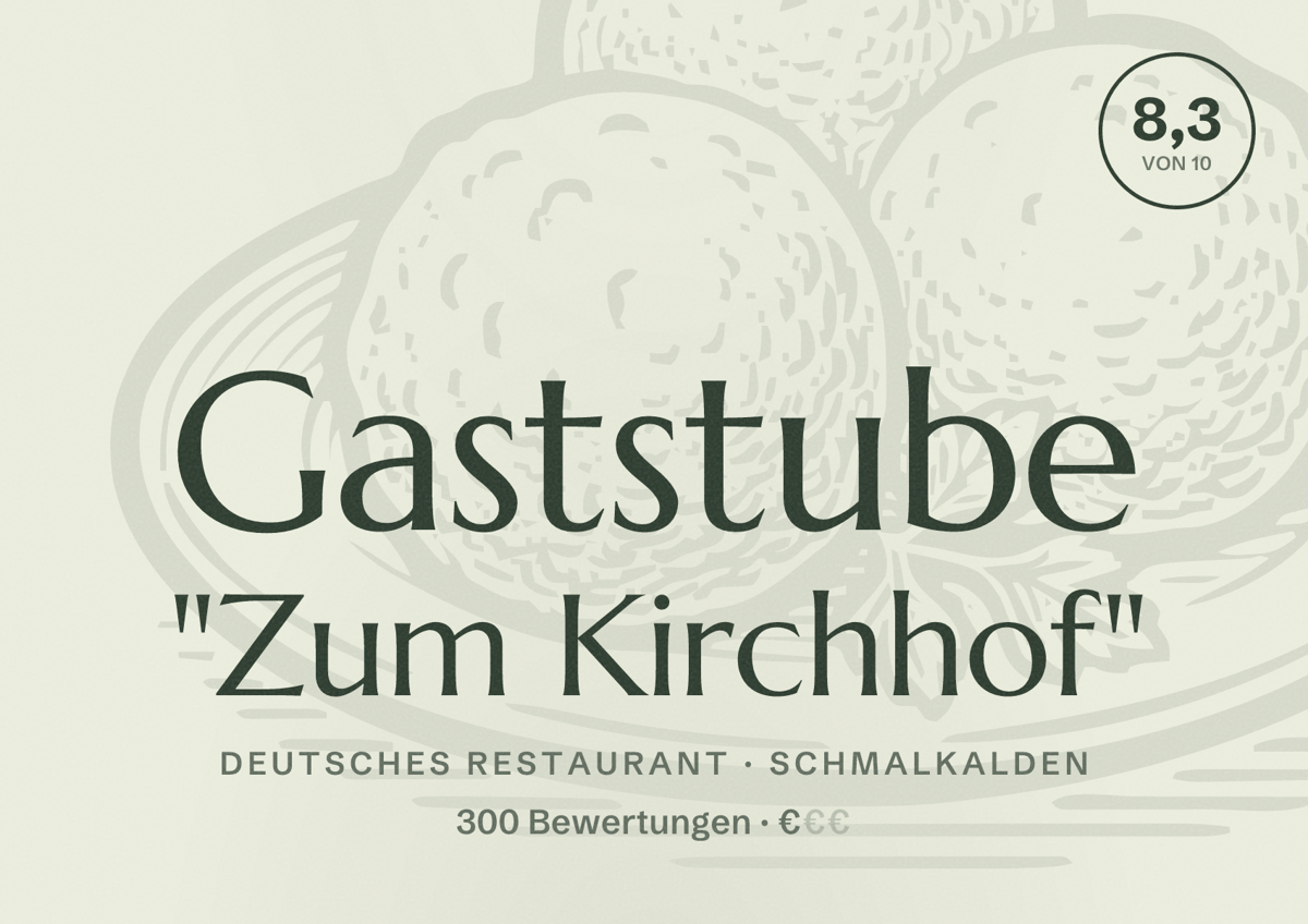 Illustriertes Poster von Gaststube "Zum Kirchhof", Deutsches Restaurant in Schmalkalden: Bewertung 8,3 von 10 aus 300 Bewertungen, Preisniveau €