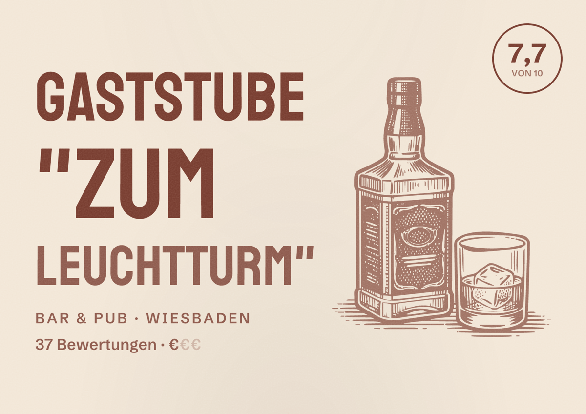 Illustriertes Poster von Gaststube "Zum Leuchtturm", Bar & Pub in Wiesbaden: Bewertung 7,7 von 10 aus 37 Bewertungen, Preisniveau €