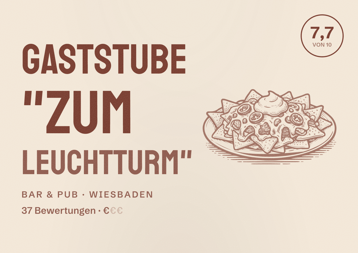Illustriertes Poster von Gaststube "Zum Leuchtturm", Bar & Pub in Wiesbaden: Bewertung 7,7 von 10 aus 37 Bewertungen, Preisniveau €