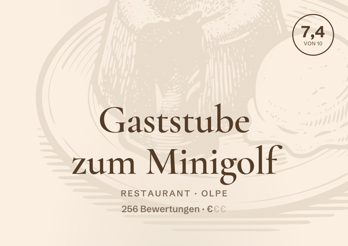 Illustriertes Poster von Gaststube zum Minigolf, Restaurant in Olpe: Bewertung 7,4 von 10 aus 256 Bewertungen, Preisniveau €