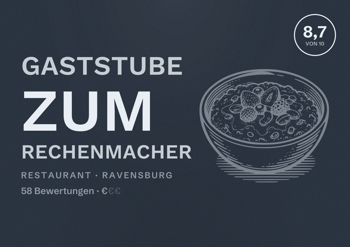 Illustriertes Poster von Gaststube zum Rechenmacher, Restaurant in Ravensburg: Bewertung 8,7 von 10 aus 58 Bewertungen, Preisniveau €