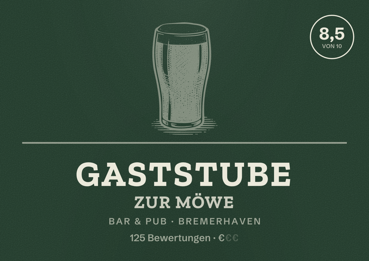 Illustriertes Poster von Gaststube Zur Möwe, Bar & Pub in Bremerhaven: Bewertung 8,5 von 10 aus 125 Bewertungen, Preisniveau €