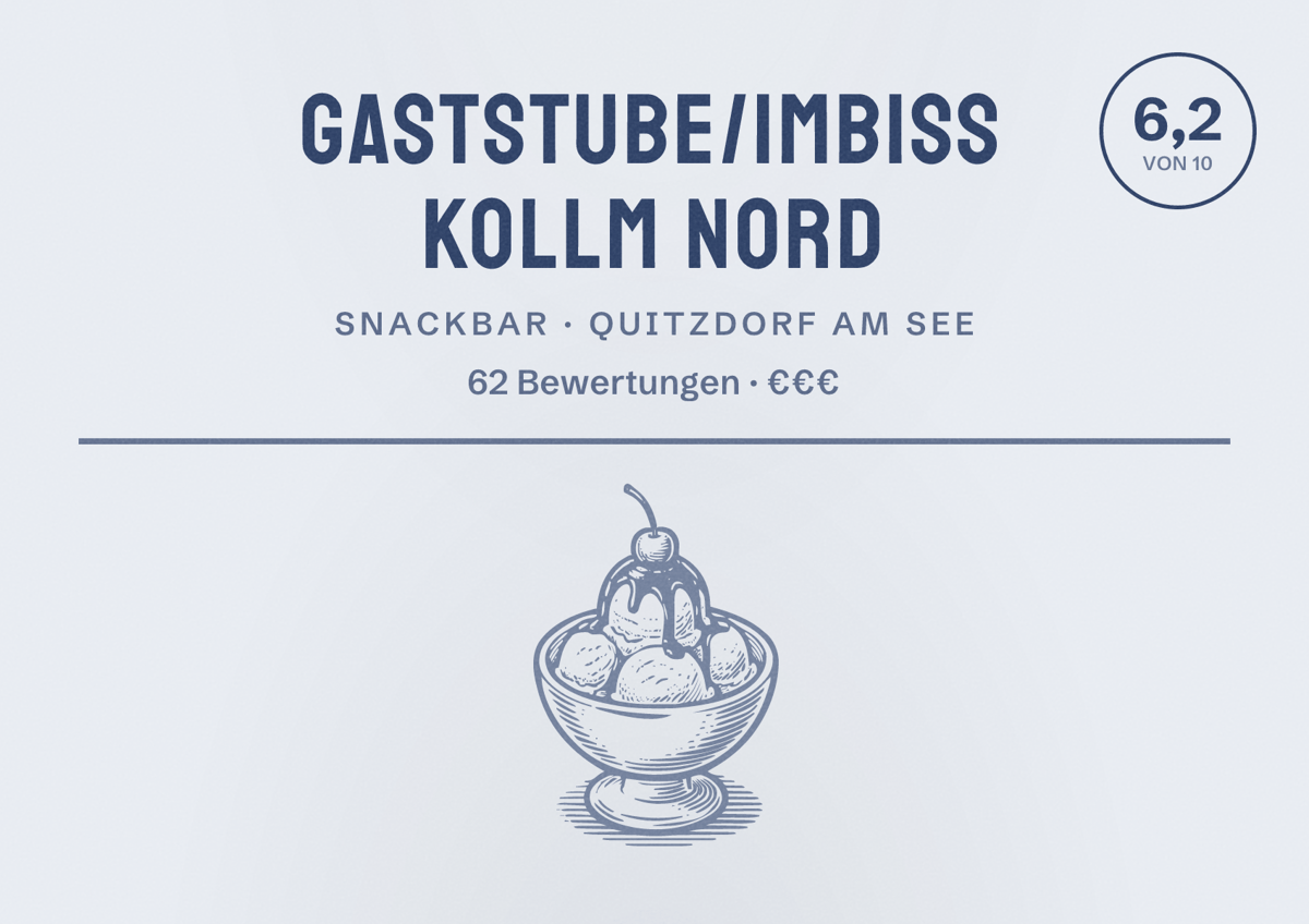 Illustriertes Poster von Gaststube/Imbiss Kollm Nord, Snackbar in Quitzdorf am See: Bewertung 6,2 von 10 aus 62 Bewertungen, Preisniveau €€€