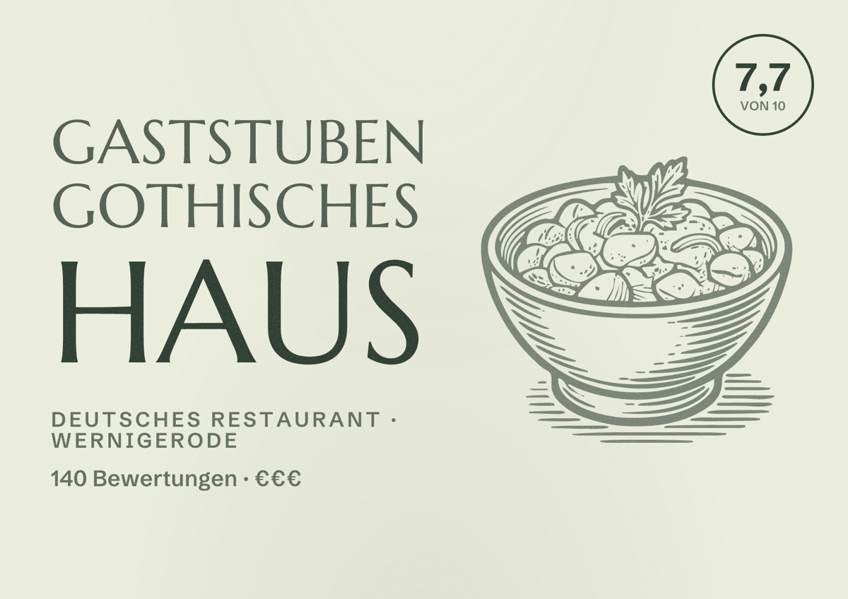 Illustriertes Poster von Gaststuben Gothisches Haus, Deutsches Restaurant in Wernigerode: Bewertung 7,7 von 10 aus 140 Bewertungen, Preisniveau €€€