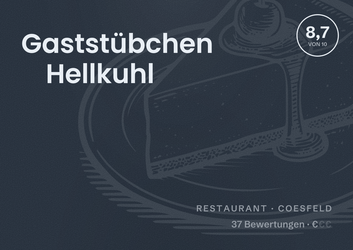 Illustriertes Poster von Gaststübchen Hellkuhl, Restaurant in Coesfeld: Bewertung 8,7 von 10 aus 37 Bewertungen, Preisniveau €