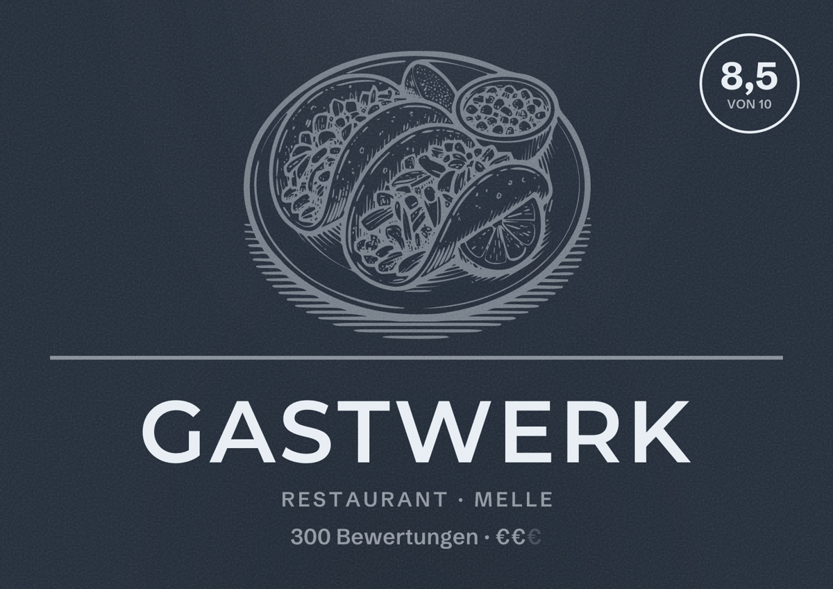 Illustriertes Poster von GastWerk, Restaurant in Melle: Bewertung 8,5 von 10 aus 300 Bewertungen, Preisniveau €€
