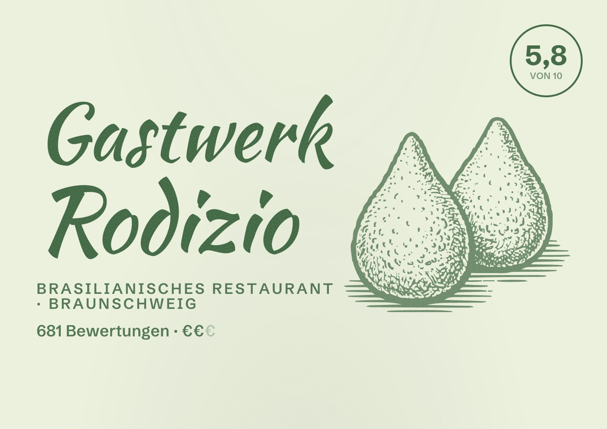 Illustriertes Poster von Gastwerk Rodizio, Brasilianisches Restaurant in Braunschweig: Bewertung 5,8 von 10 aus 681 Bewertungen, Preisniveau €€
