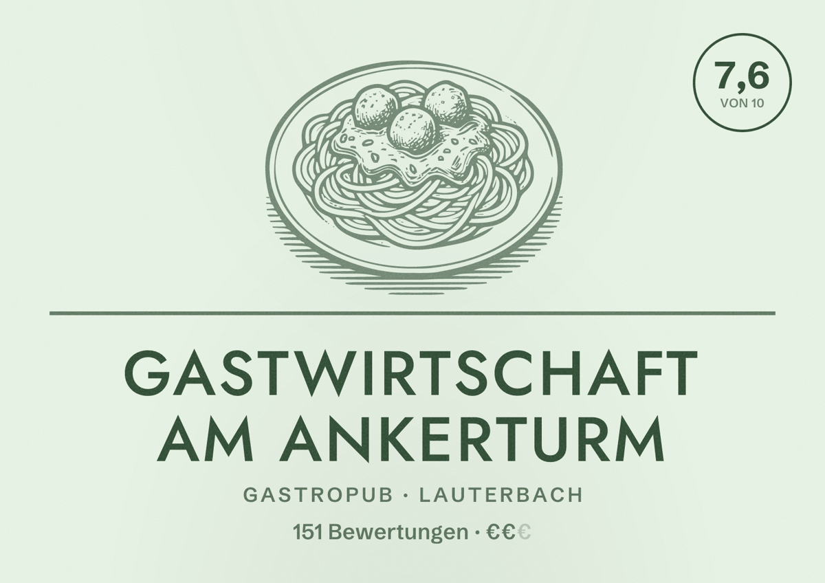 Illustriertes Poster von Gastwirtschaft Am Ankerturm, Gastropub in Lauterbach: Bewertung 7,6 von 10 aus 151 Bewertungen, Preisniveau €€