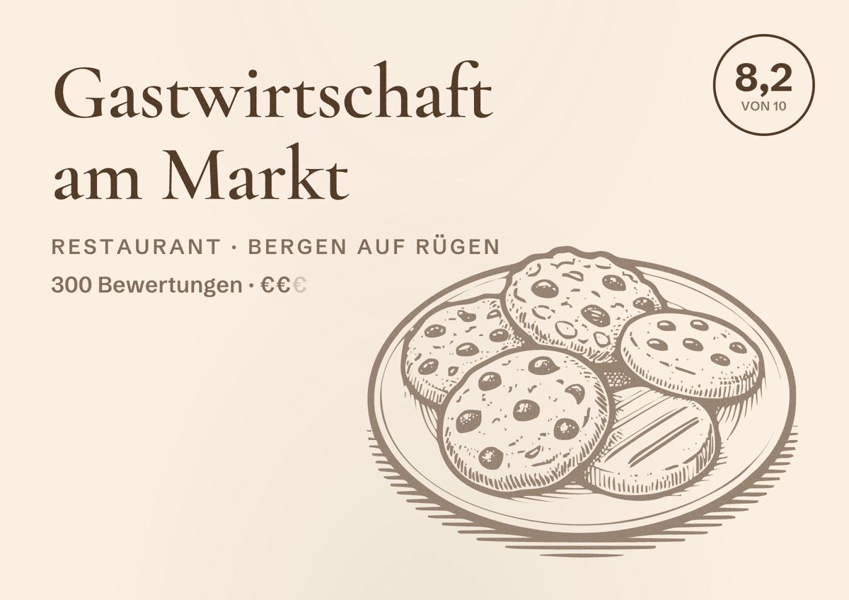 Illustriertes Poster von Gastwirtschaft am Markt, Restaurant in Bergen auf Rügen: Bewertung 8,2 von 10 aus 300 Bewertungen, Preisniveau €€