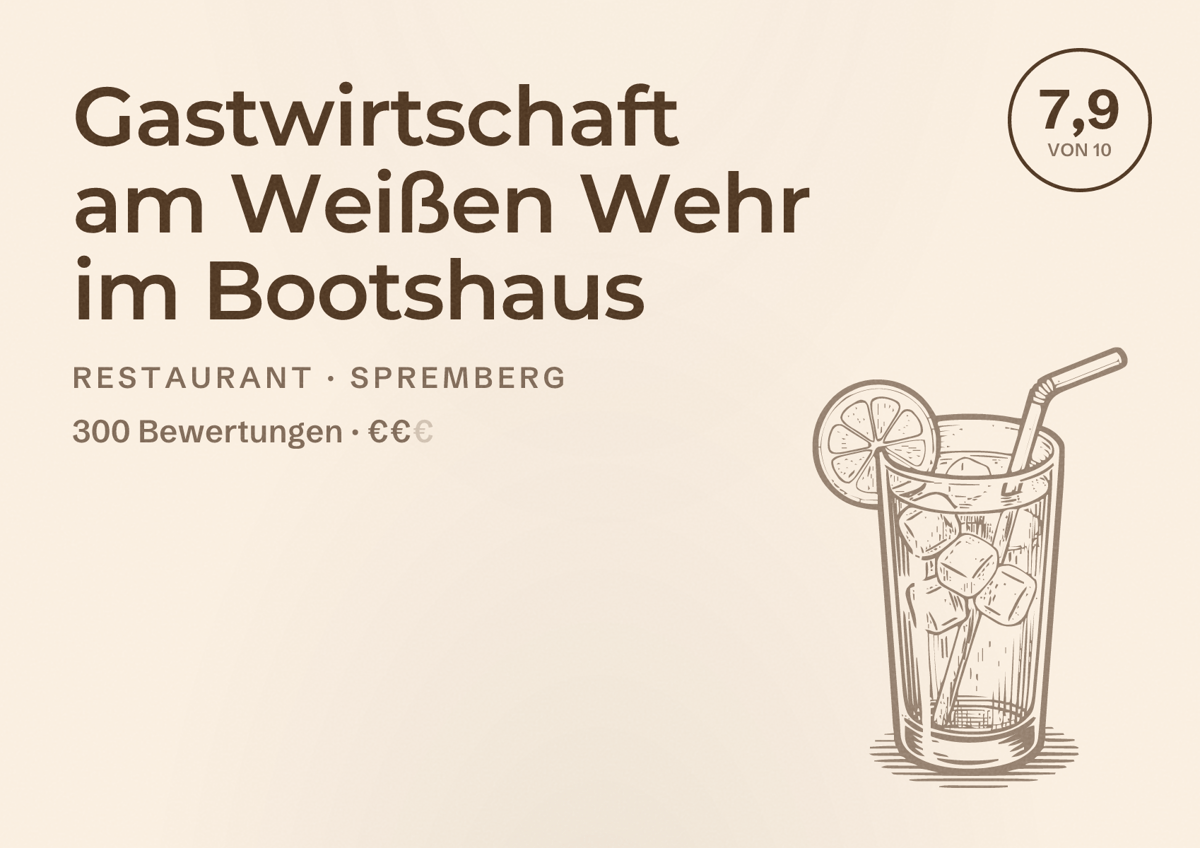Illustriertes Poster von Gastwirtschaft am Weißen Wehr im Bootshaus, Restaurant in Spremberg: Bewertung 7,9 von 10 aus 300 Bewertungen, Preisniveau €€