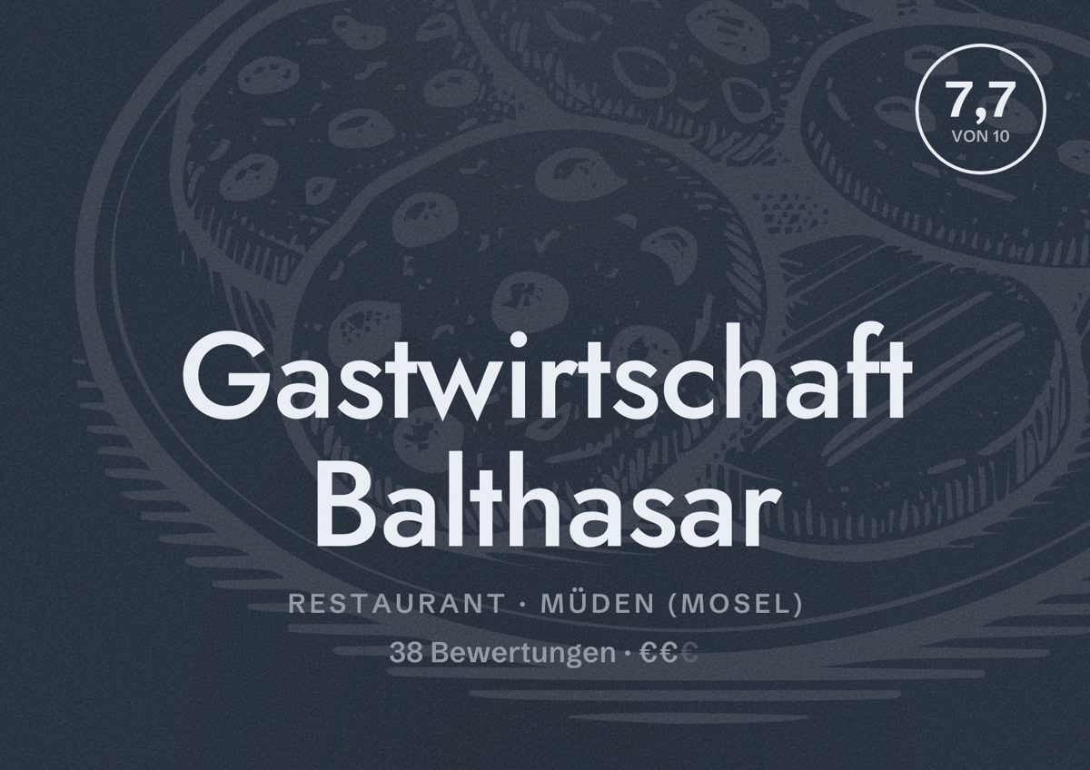 Illustriertes Poster von Gastwirtschaft Balthasar, Restaurant in Müden (Mosel): Bewertung 7,7 von 10 aus 38 Bewertungen, Preisniveau €€