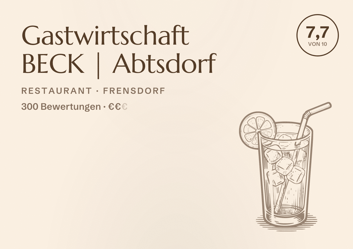 Illustriertes Poster von Gastwirtschaft BECK | Abtsdorf, Restaurant in Frensdorf: Bewertung 7,7 von 10 aus 300 Bewertungen, Preisniveau €€