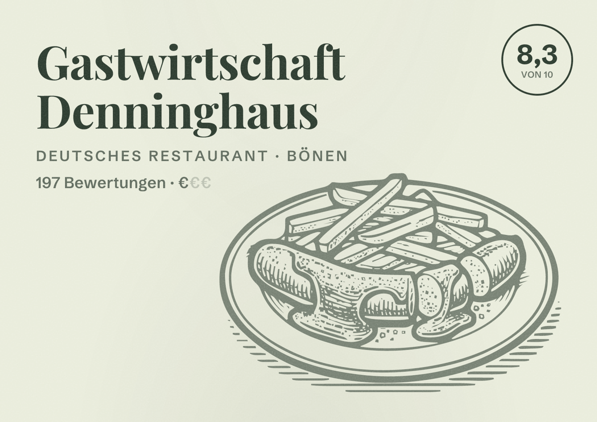 Illustriertes Poster von Gastwirtschaft Denninghaus, Deutsches Restaurant in Bönen: Bewertung 8,3 von 10 aus 197 Bewertungen, Preisniveau €