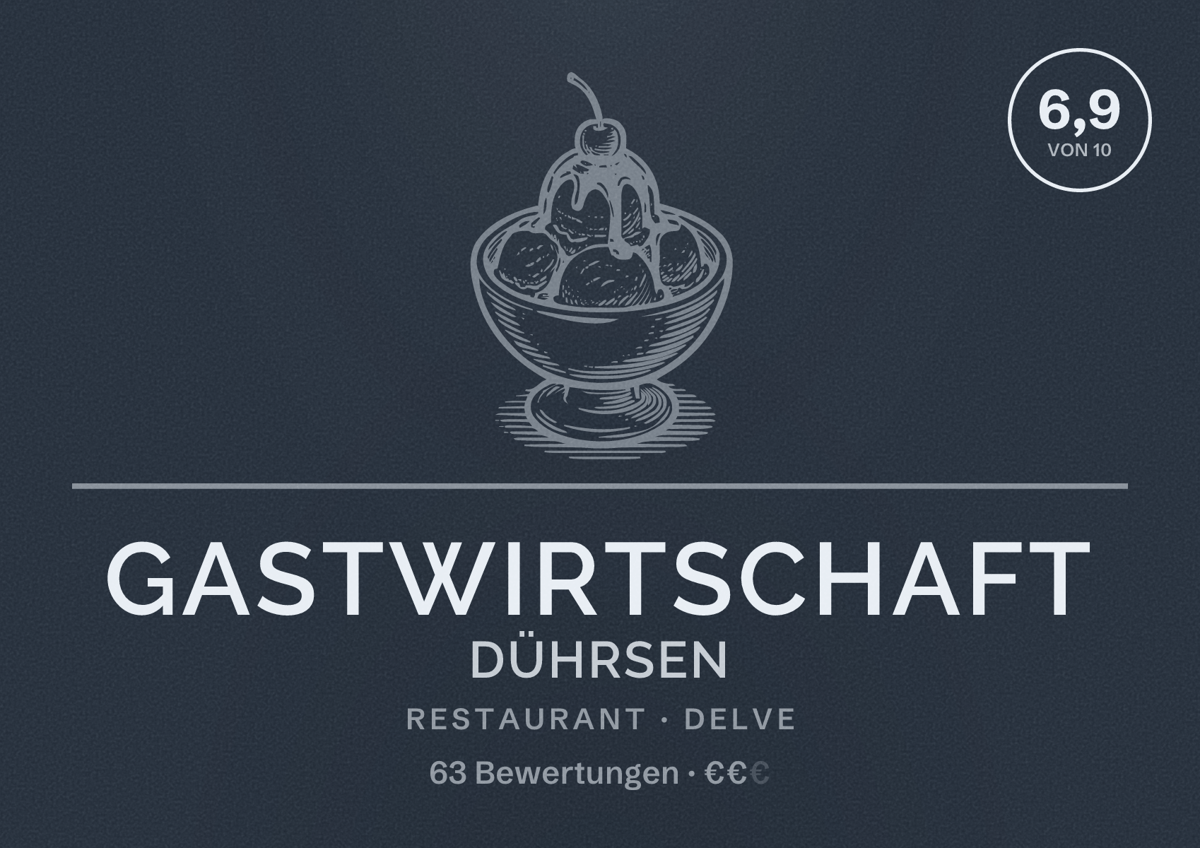 Illustriertes Poster von Gastwirtschaft Dührsen, Restaurant in Delve: Bewertung 6,9 von 10 aus 63 Bewertungen, Preisniveau €€