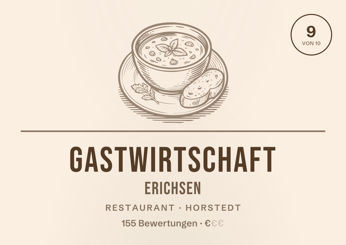 Illustriertes Poster von Gastwirtschaft Erichsen, Restaurant in Horstedt: Bewertung 9 von 10 aus 155 Bewertungen, Preisniveau €