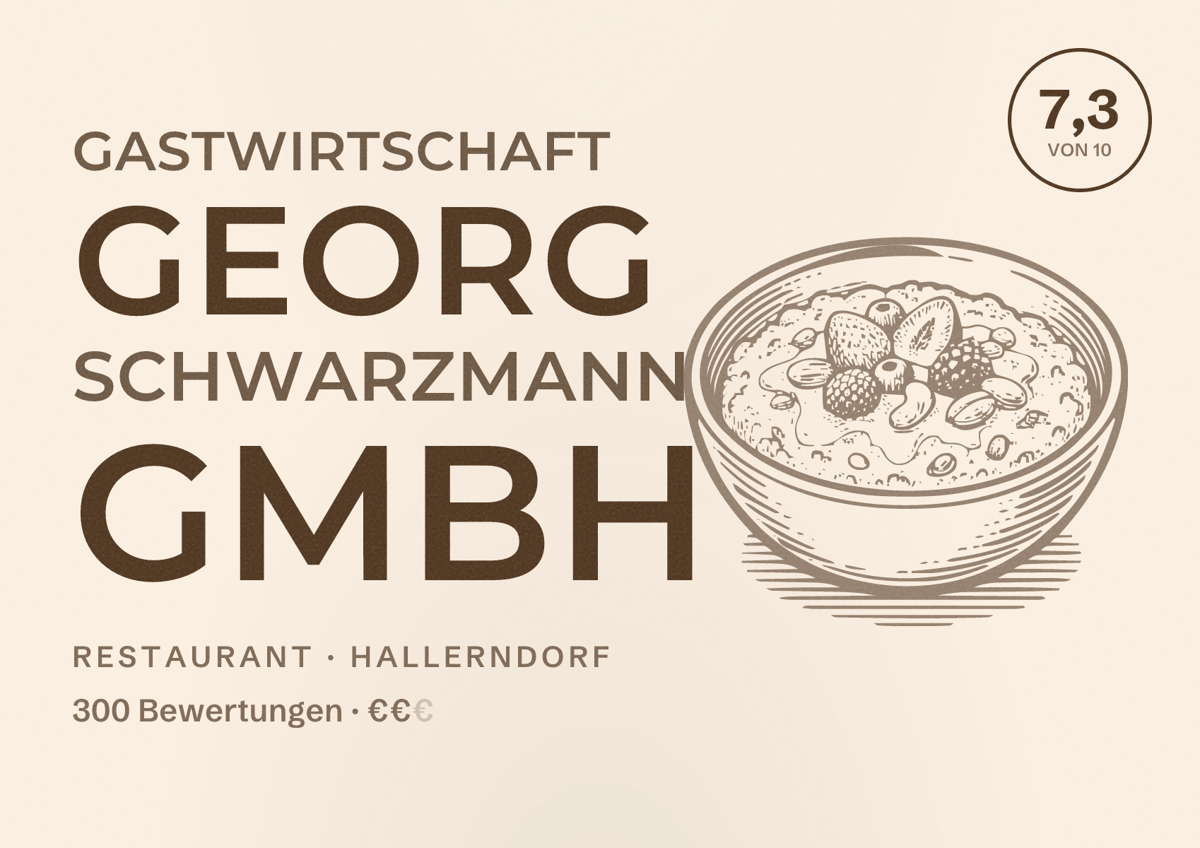 Illustriertes Poster von Gastwirtschaft Georg Schwarzmann GmbH, Restaurant in Hallerndorf: Bewertung 7,3 von 10 aus 300 Bewertungen, Preisniveau €€