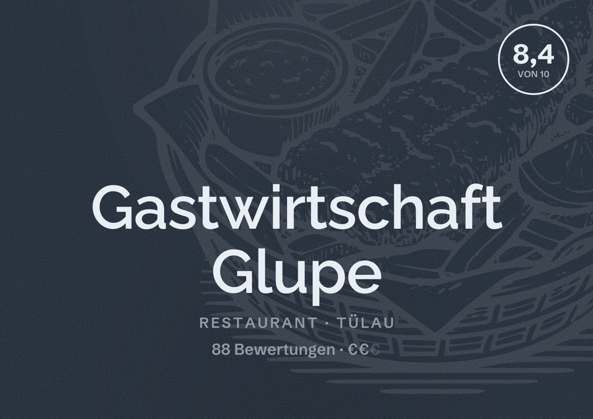Illustriertes Poster von Gastwirtschaft Glupe, Restaurant in Tülau: Bewertung 8,4 von 10 aus 88 Bewertungen, Preisniveau €€