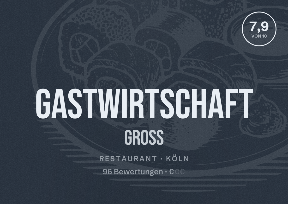 Illustriertes Poster von Gastwirtschaft Gross, Restaurant in Köln: Bewertung 7,9 von 10 aus 96 Bewertungen, Preisniveau €