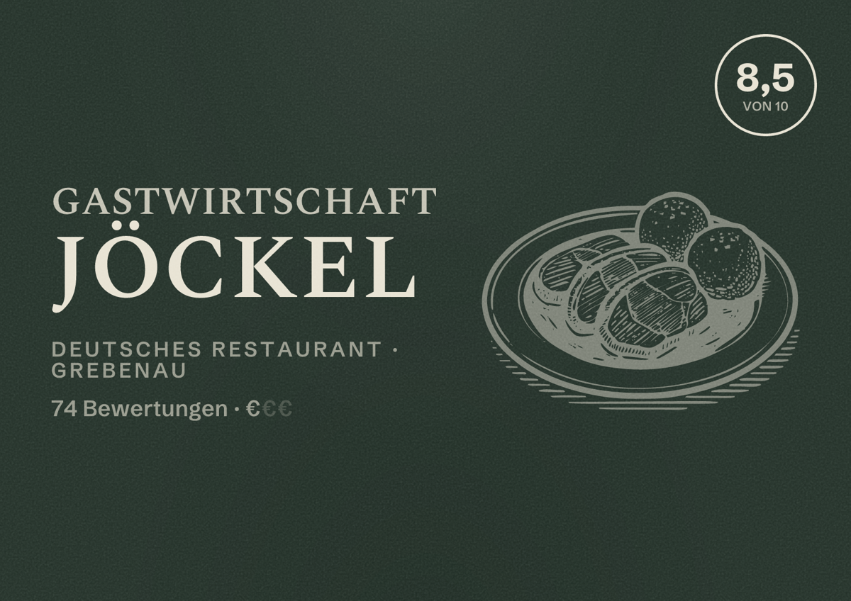 Illustriertes Poster von Gastwirtschaft Jöckel, Deutsches Restaurant in Grebenau: Bewertung 8,5 von 10 aus 74 Bewertungen, Preisniveau €