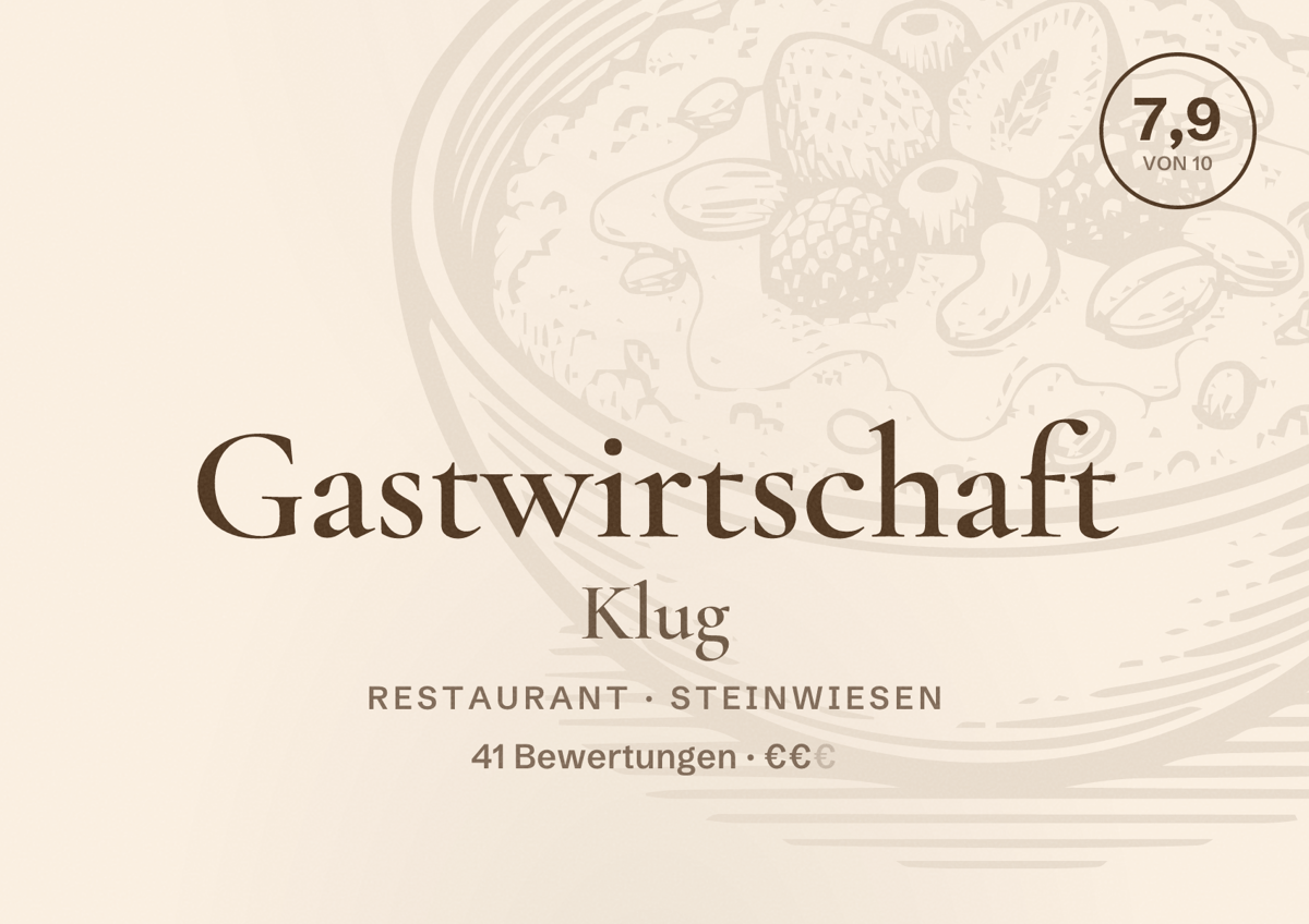 Illustriertes Poster von Gastwirtschaft Klug, Restaurant in Steinwiesen: Bewertung 7,9 von 10 aus 41 Bewertungen, Preisniveau €€
