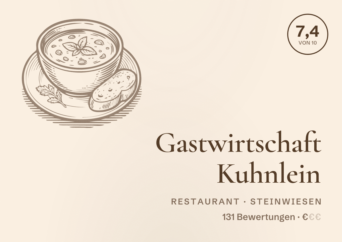 Illustriertes Poster von Gastwirtschaft Kuhnlein, Restaurant in Steinwiesen: Bewertung 7,4 von 10 aus 131 Bewertungen, Preisniveau €