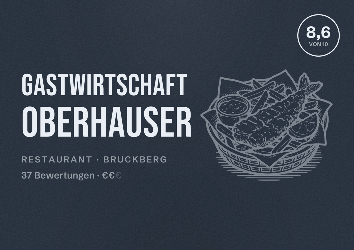 Illustriertes Poster von Gastwirtschaft Oberhauser, Restaurant in Bruckberg: Bewertung 8,6 von 10 aus 37 Bewertungen, Preisniveau €€