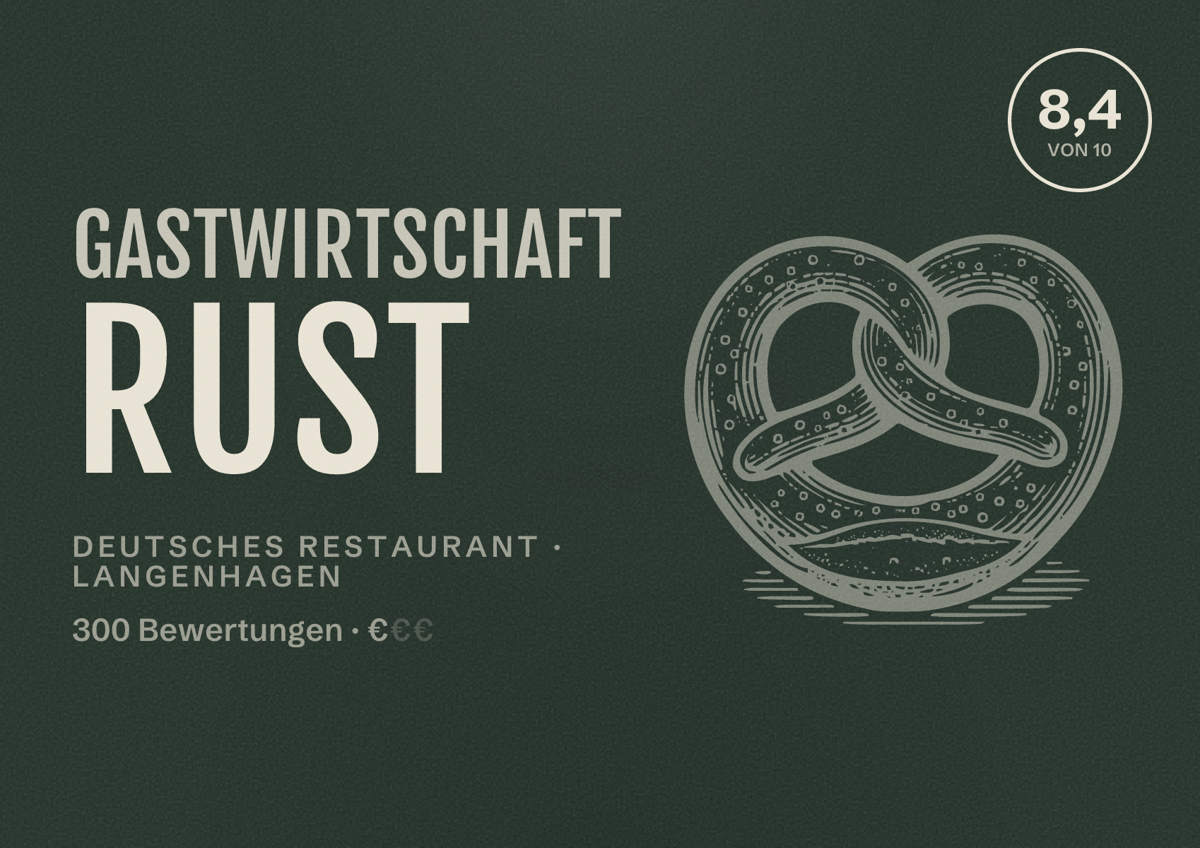Illustriertes Poster von Gastwirtschaft Rust, Deutsches Restaurant in Langenhagen: Bewertung 8,4 von 10 aus 300 Bewertungen, Preisniveau €