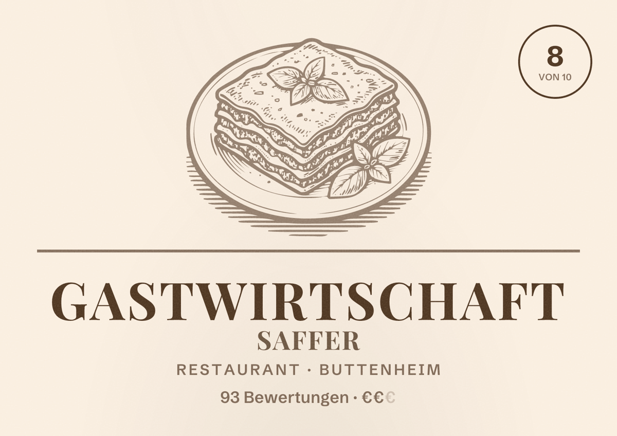 Illustriertes Poster von Gastwirtschaft Saffer, Restaurant in Buttenheim: Bewertung 8 von 10 aus 93 Bewertungen, Preisniveau €€
