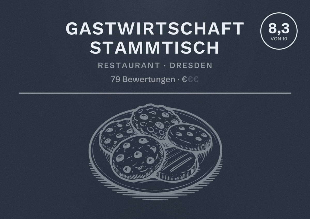 Illustriertes Poster von Gastwirtschaft Stammtisch, Restaurant in Dresden: Bewertung 8,3 von 10 aus 79 Bewertungen, Preisniveau €