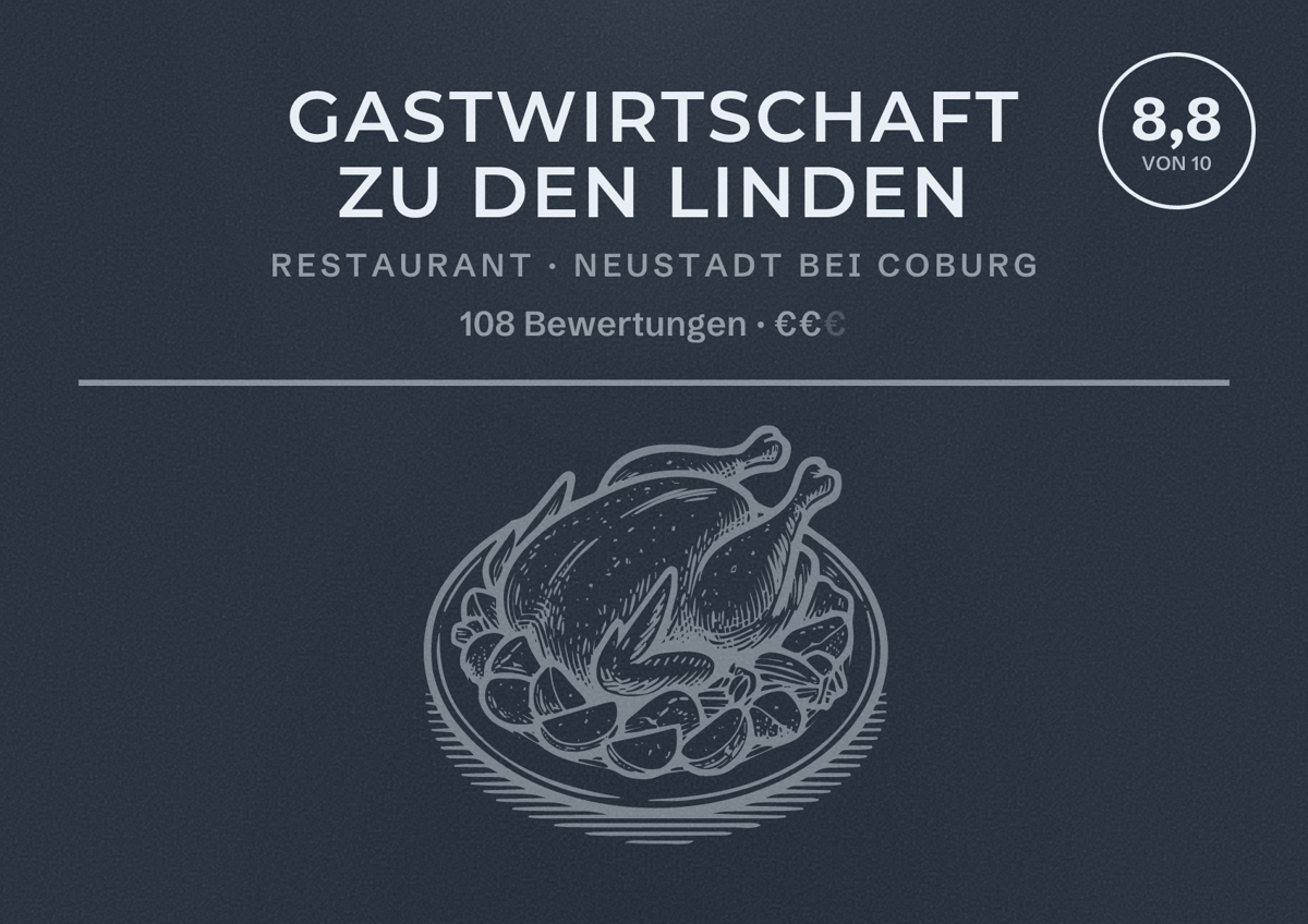 Illustriertes Poster von Gastwirtschaft Zu den Linden, Restaurant in Neustadt bei Coburg: Bewertung 8,8 von 10 aus 108 Bewertungen, Preisniveau €€