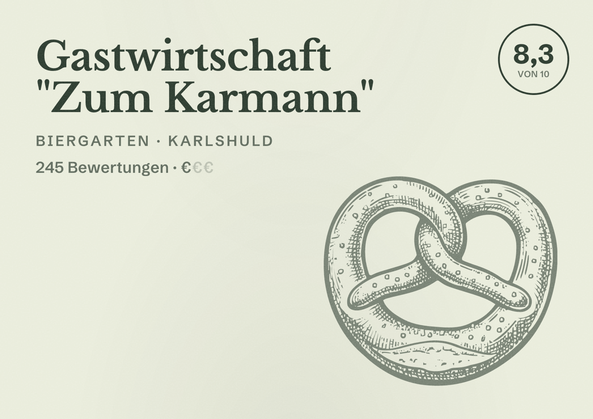 Illustriertes Poster von Gastwirtschaft "Zum Karmann", Biergarten in Karlshuld: Bewertung 8,3 von 10 aus 245 Bewertungen, Preisniveau €