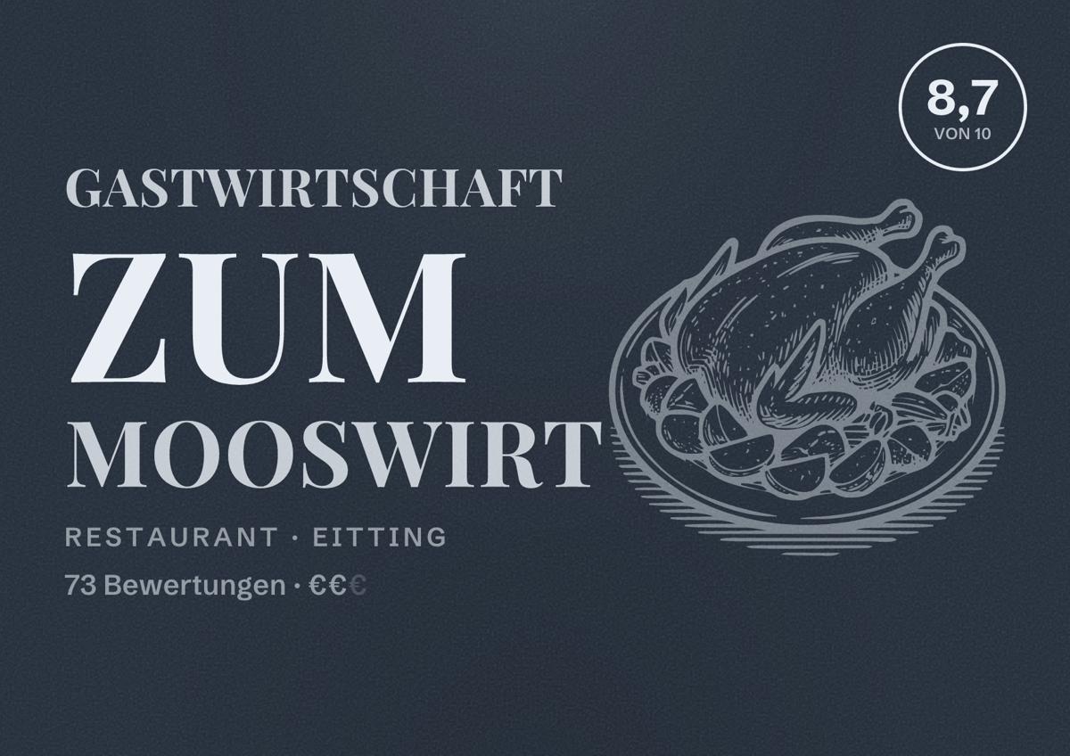 Illustriertes Poster von Gastwirtschaft Zum Mooswirt, Restaurant in Eitting: Bewertung 8,7 von 10 aus 73 Bewertungen, Preisniveau €€