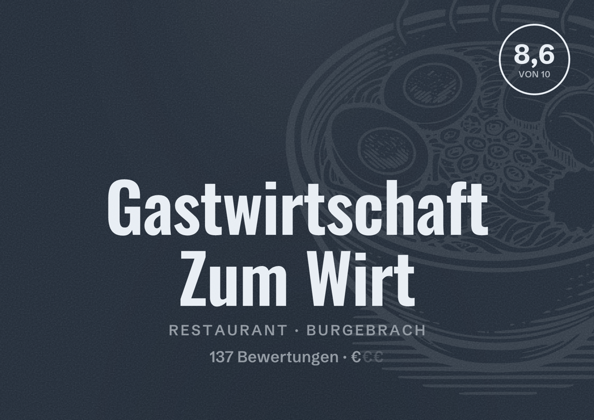 Illustriertes Poster von Gastwirtschaft Zum Wirt, Restaurant in Burgebrach: Bewertung 8,6 von 10 aus 137 Bewertungen, Preisniveau €