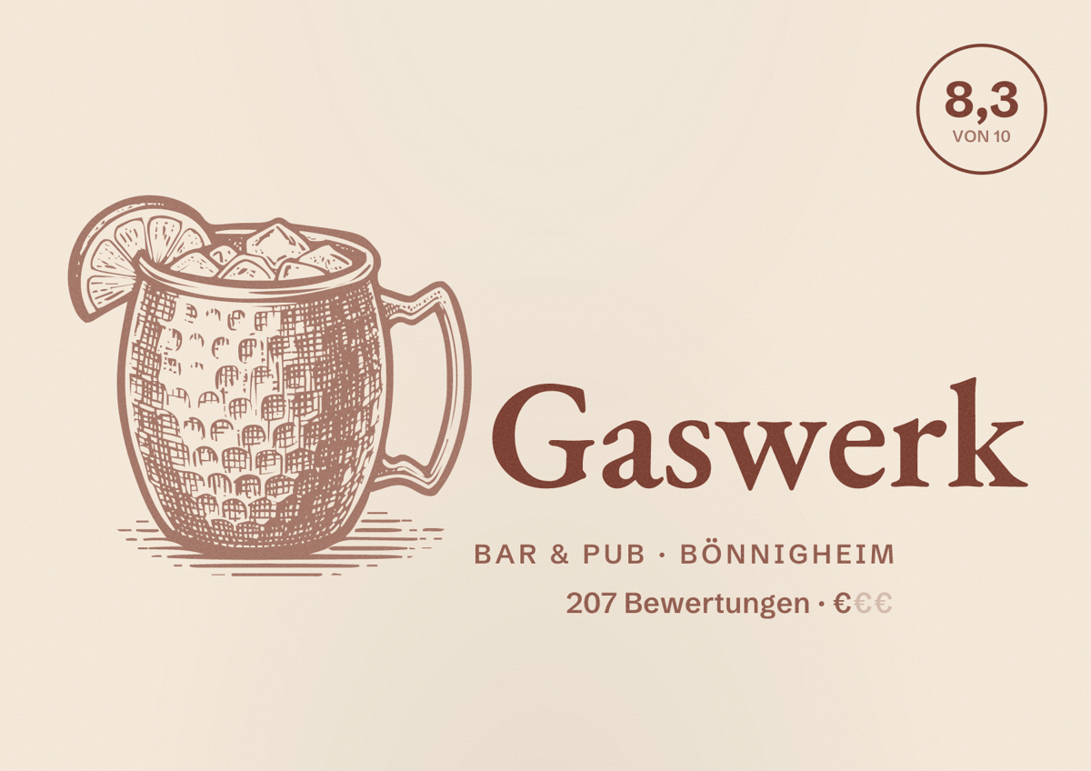 Illustriertes Poster von Gaswerk, Bar & Pub in Bönnigheim: Bewertung 8,3 von 10 aus 207 Bewertungen, Preisniveau €
