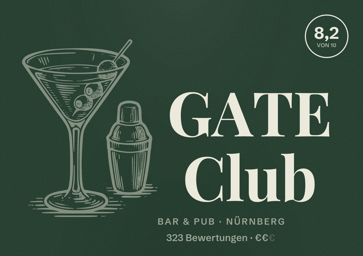 Illustriertes Poster von GATE Club, Bar & Pub in Nürnberg: Bewertung 8,2 von 10 aus 323 Bewertungen, Preisniveau €€