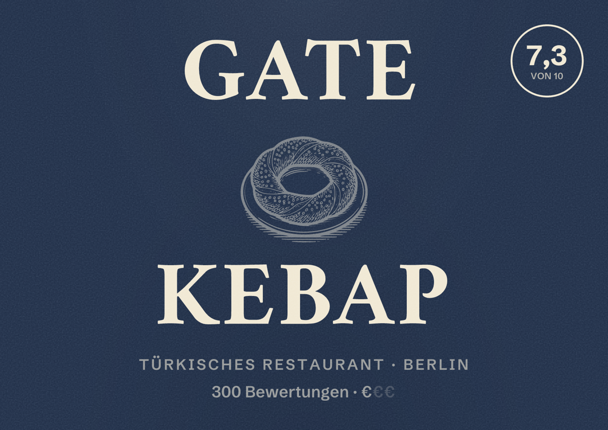 Illustriertes Poster von Gate Kebap, Türkisches Restaurant in Berlin: Bewertung 7,3 von 10 aus 300 Bewertungen, Preisniveau €