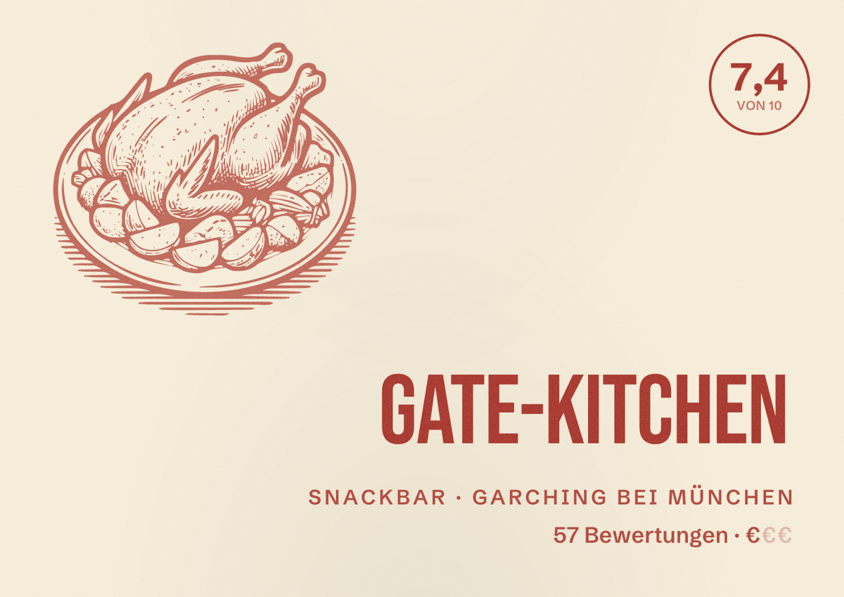Illustriertes Poster von Gate-kitchen, Snackbar in Garching bei München: Bewertung 7,4 von 10 aus 57 Bewertungen, Preisniveau €