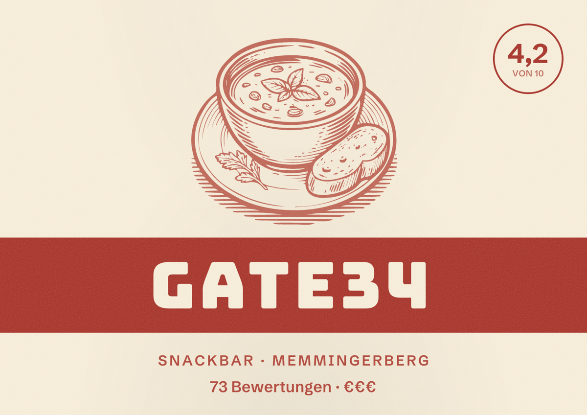 Illustriertes Poster von Gate34, Snackbar in Memmingerberg: Bewertung 4,2 von 10 aus 73 Bewertungen, Preisniveau €€€