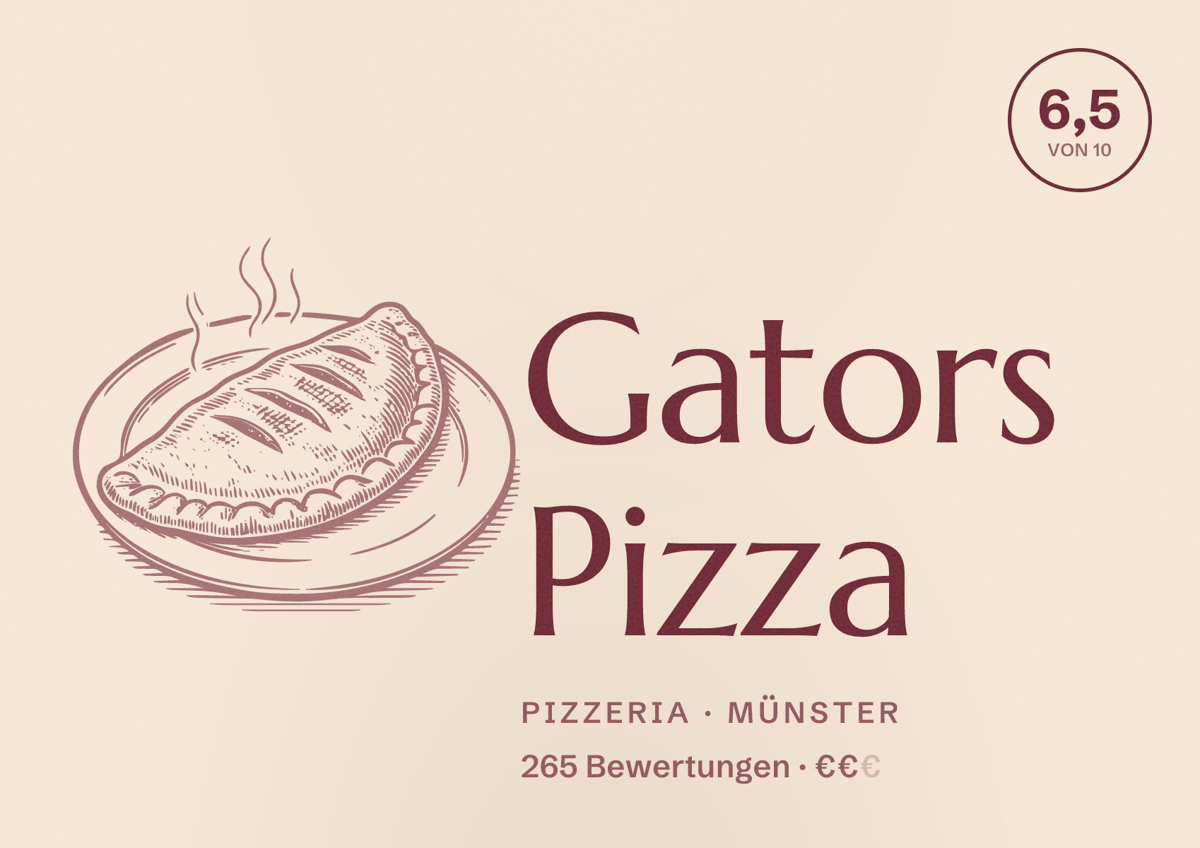 Illustriertes Poster von Gators Pizza, Pizzeria in Münster: Bewertung 6,5 von 10 aus 265 Bewertungen, Preisniveau €€