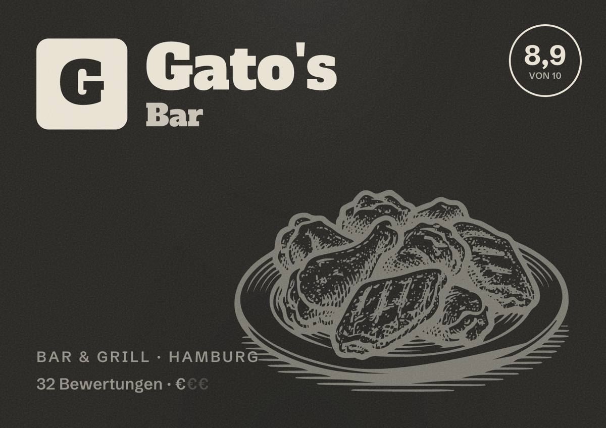 Illustriertes Poster von Gato's Bar, Bar & Grill in Hamburg: Bewertung 8,9 von 10 aus 32 Bewertungen, Preisniveau €