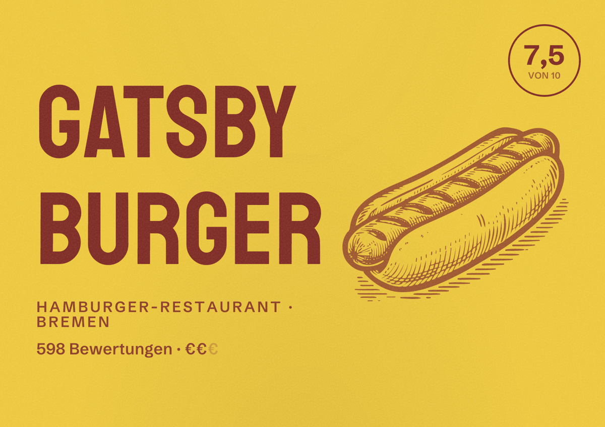 Illustriertes Poster von Gatsby Burger, Hamburger-Restaurant in Bremen: Bewertung 7,5 von 10 aus 598 Bewertungen, Preisniveau €€