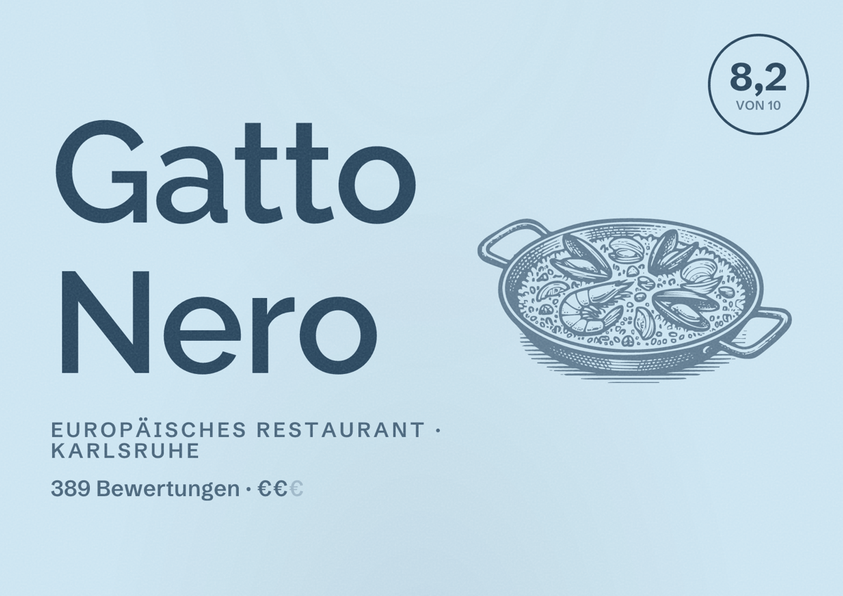 Illustriertes Poster von Gatto Nero, Europäisches Restaurant in Karlsruhe: Bewertung 8,2 von 10 aus 389 Bewertungen, Preisniveau €€