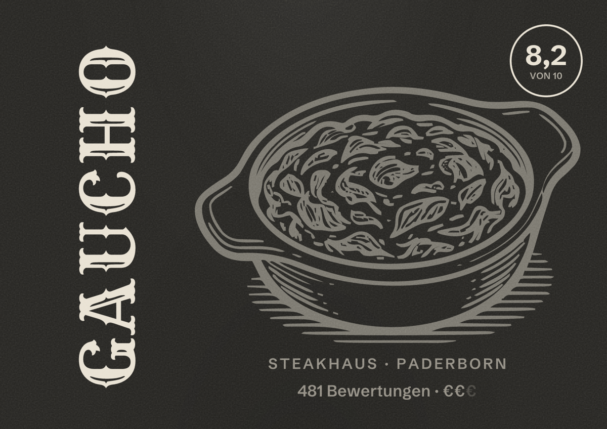 Illustriertes Poster von Gaucho, Steakhaus in Paderborn: Bewertung 8,2 von 10 aus 481 Bewertungen, Preisniveau €€