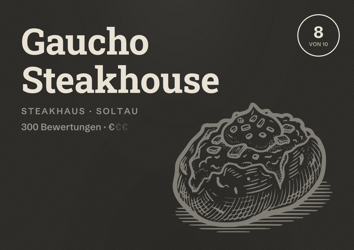 Illustriertes Poster von Gaucho Steakhouse, Steakhaus in Soltau: Bewertung 8 von 10 aus 300 Bewertungen, Preisniveau €